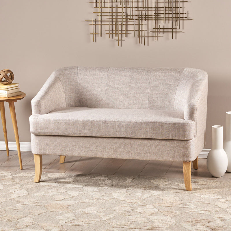 Mid Century Modern Loveseat With Polyester Upholstery And Birch Wood Frame - Beige