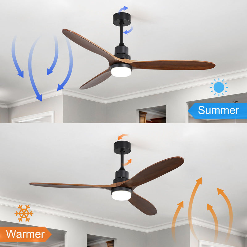 Ceiling Fan With Lights 3 Solid Wood Fan Blade Noiseless Reversible Motor Remote Control - Black