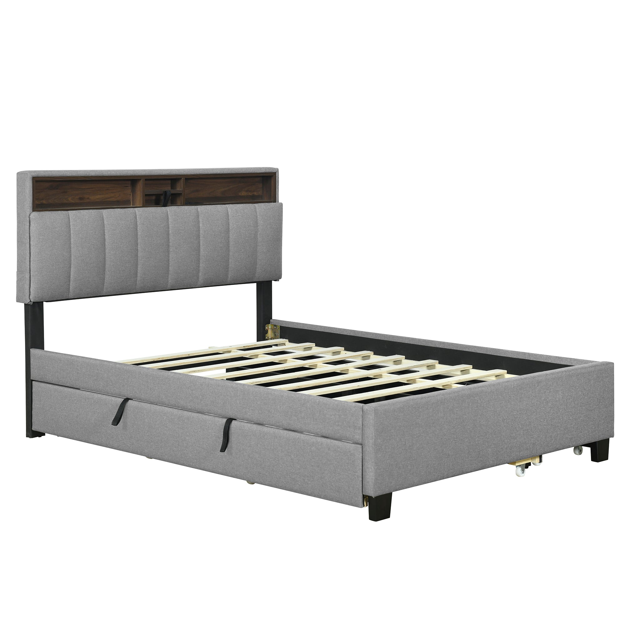 Full size Upholstered Platform Bed with Storage Headboard, Twin Size Trundle & 2 drawers and a set of Sockets & USB Ports, Linen Fabric, Gray - Atlantic Fine Furniture Melbourne FL