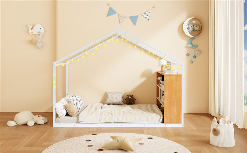 Bed House Frame With Shelves And Lights