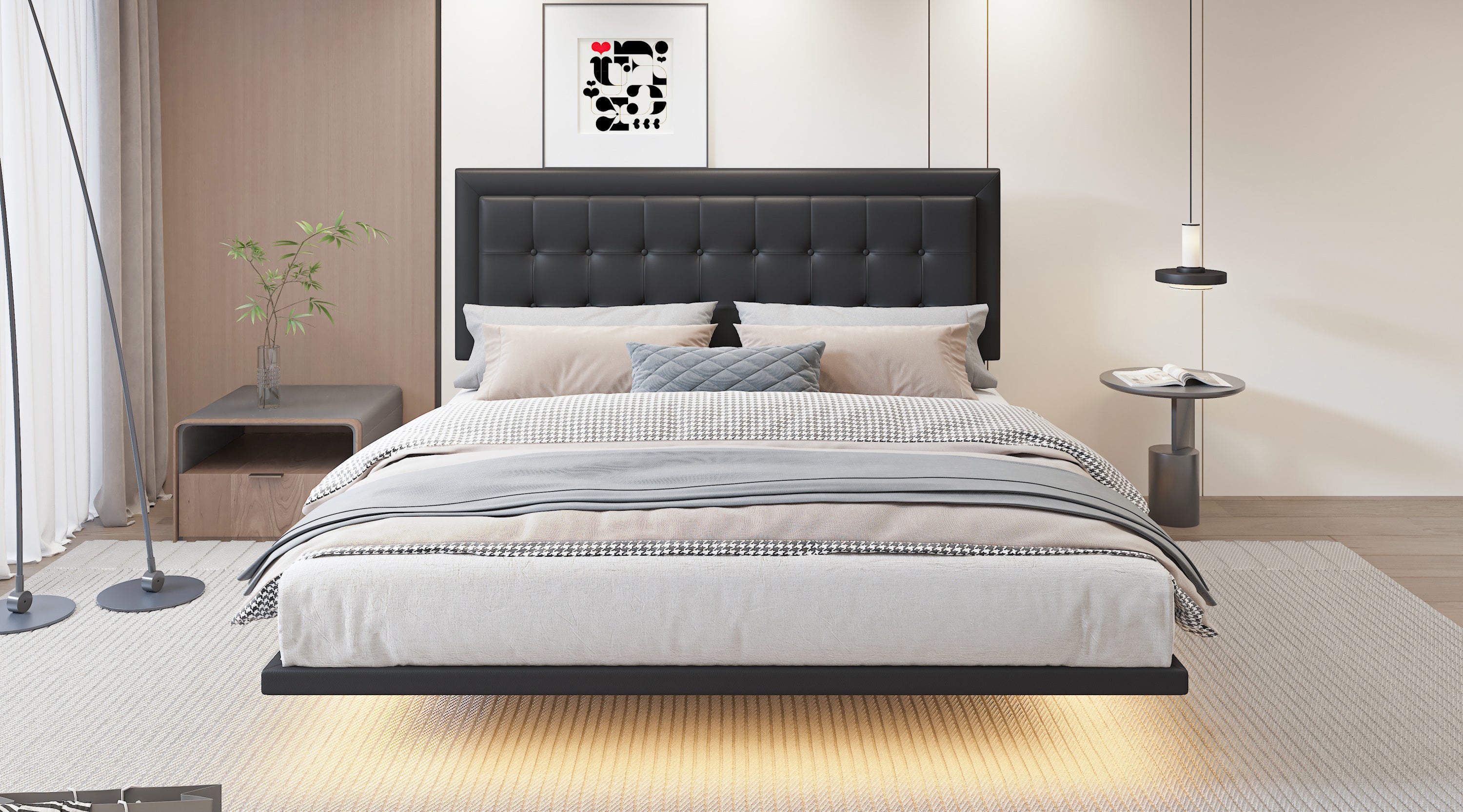 Queen Size Floating Bed Frame with Motion Activated Night Lights,Modern PU Upholstered Button Tufted Platform Bed Frame,Black - Atlantic Fine Furniture Melbourne FL