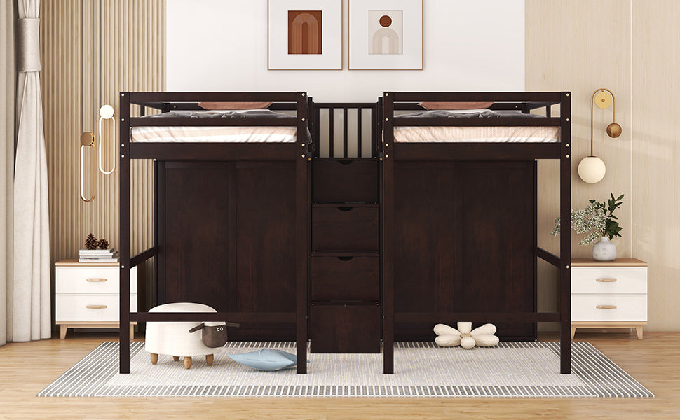 Double Twin Loft Beds with Wardrobes and Staircase, Espresso - Atlantic Fine Furniture Melbourne FL