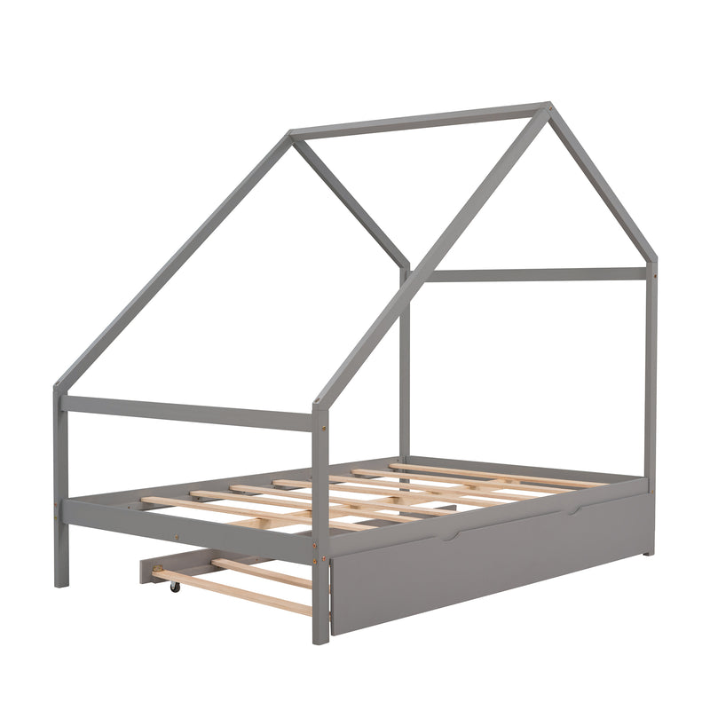 Full Size Wooden House Bed With Twin Size Trundle, GRAY
