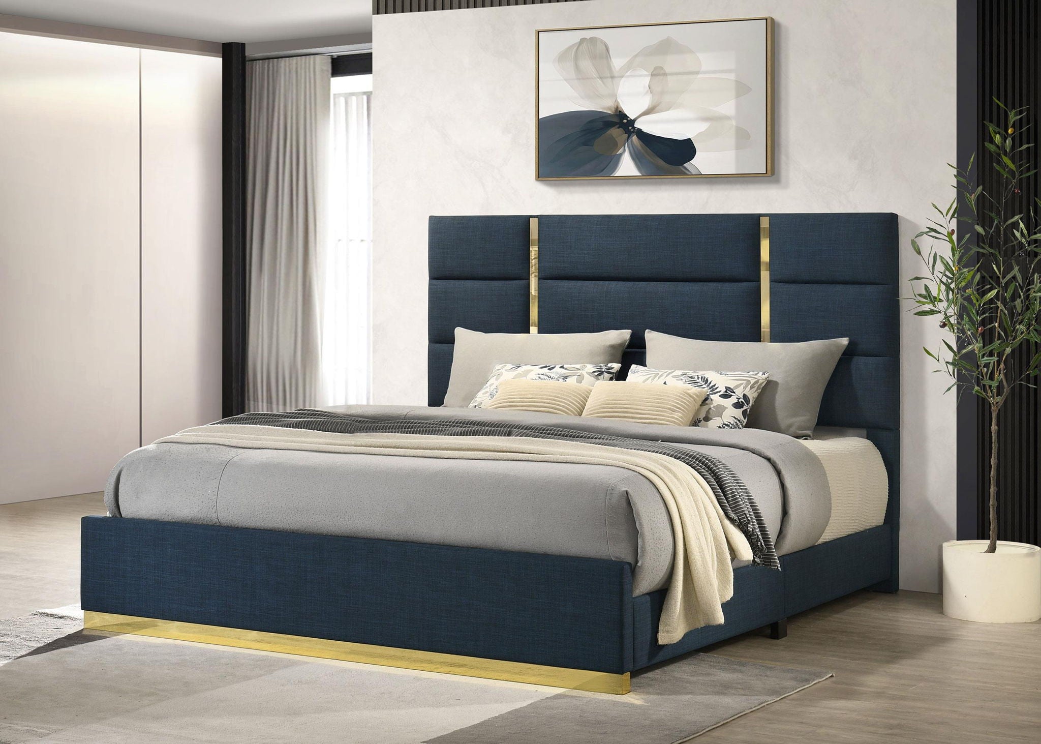 Ines 56-inch Fabric Upholstered Eastern King Panel Bed Navy