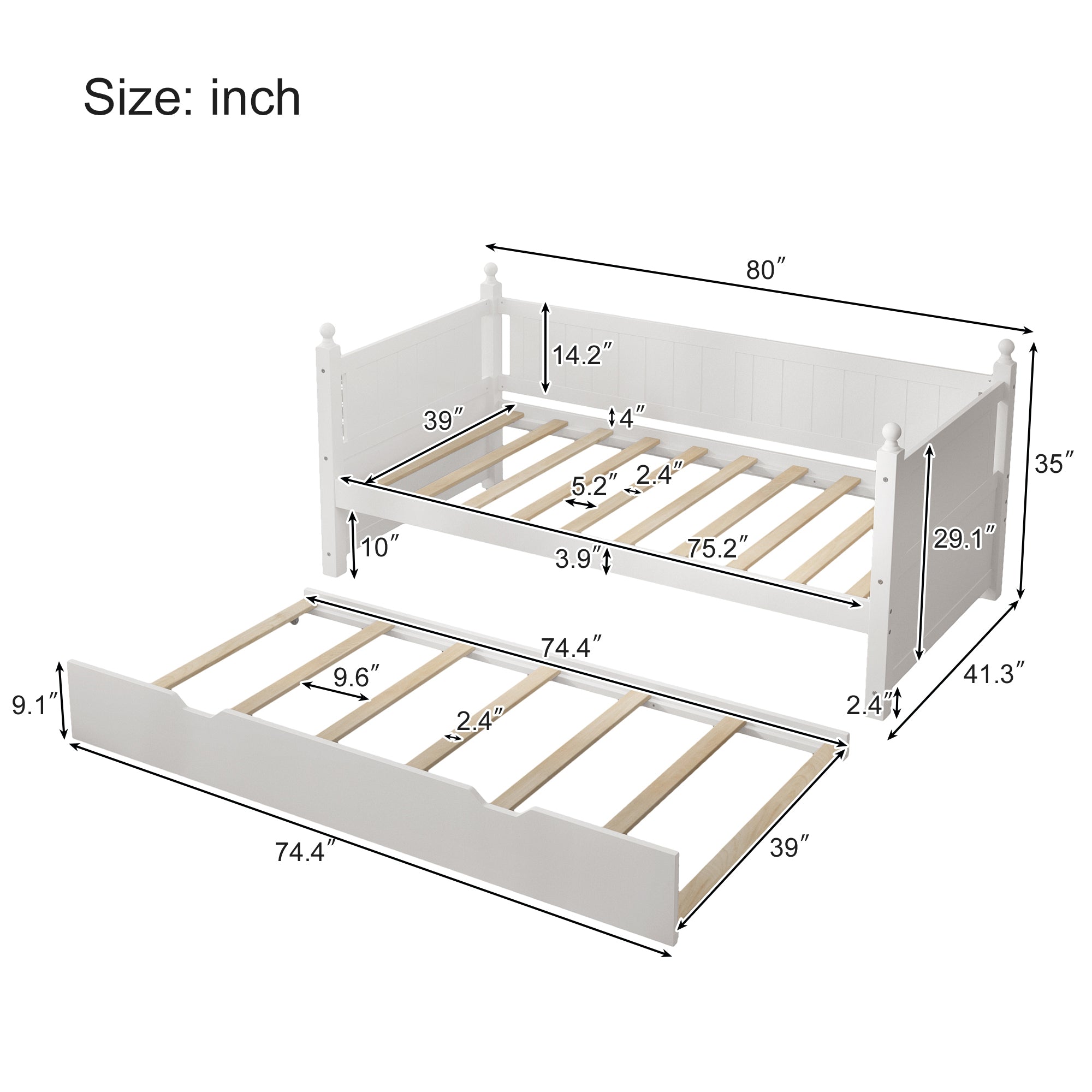 Twin Size Solid Wood Daybed with Trundle for Limited Space Kids, Teens, Adults, No Need Box Spring, White - Atlantic Fine Furniture Melbourne FL
