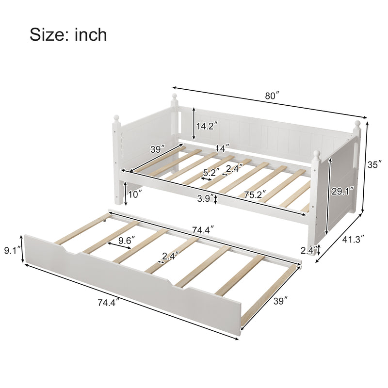 Twin Size Solid Wood Daybed with Trundle for Limited Space Kids, Teens, Adults, No Need Box Spring, White