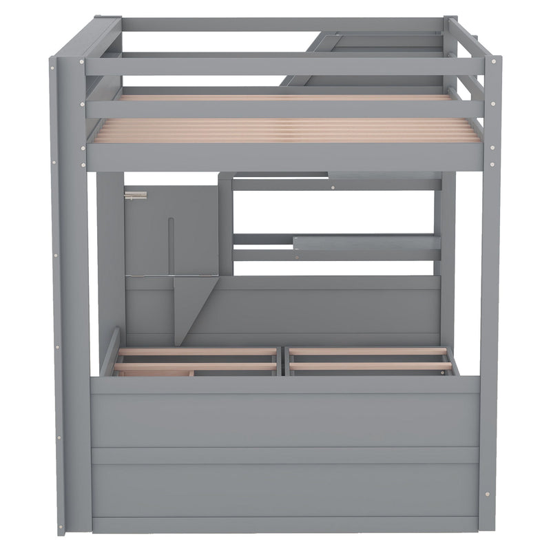 Wood Full Size Convertible Bunk Bed With Storage Staircase, Bedside Table, And 3 Drawers - Gray