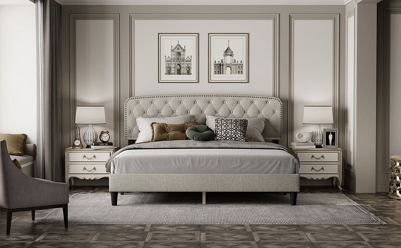 King size Adjustable Headboard with Fine Linen Upholstery and Button Tufting for Bedroom,  Wave Top  cream White