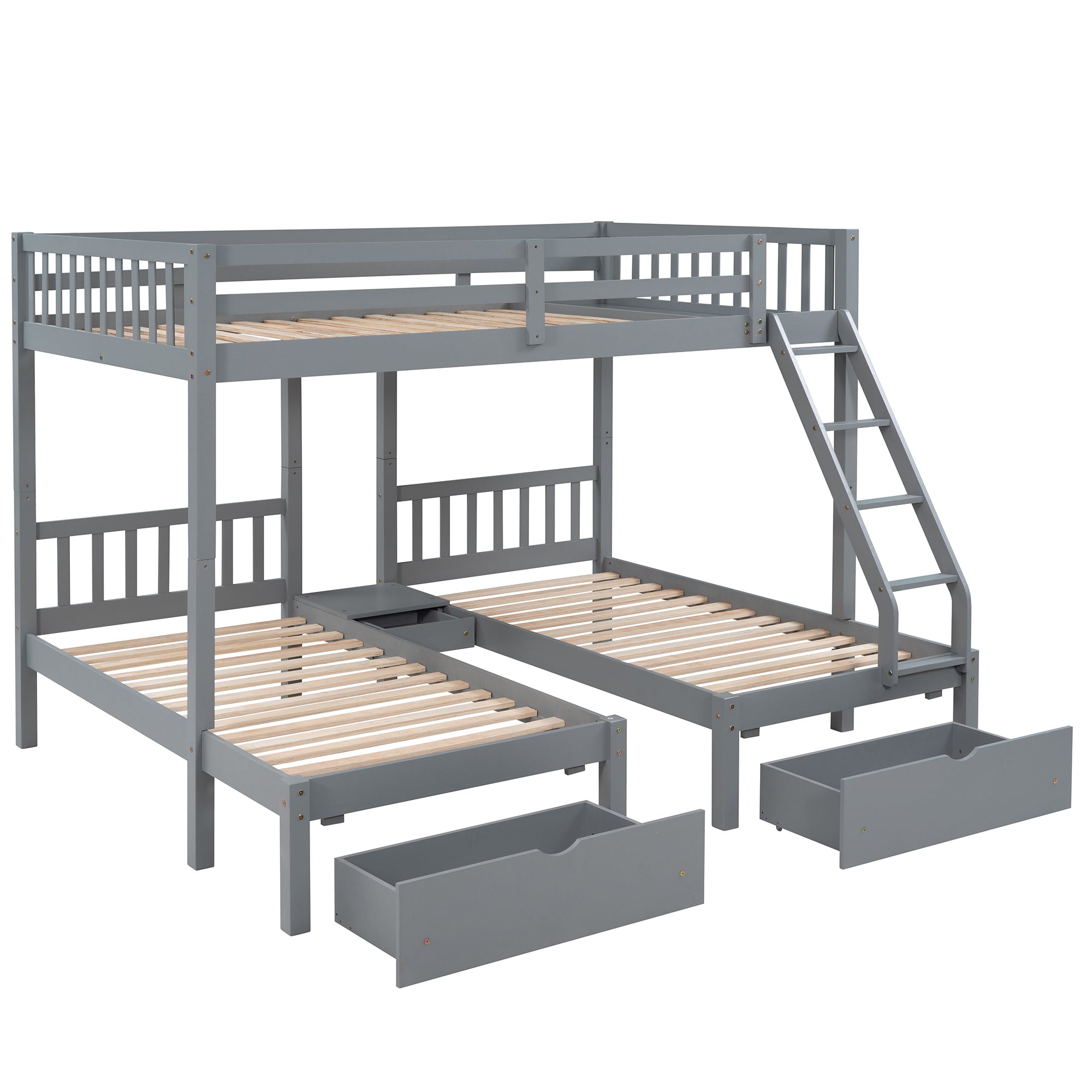 Full Over Twin & Twin Bunk Bed, Wood Triple Bunk Bed with Drawers and Guardrails, Gray (OLD SKU: LP000143AAE)
