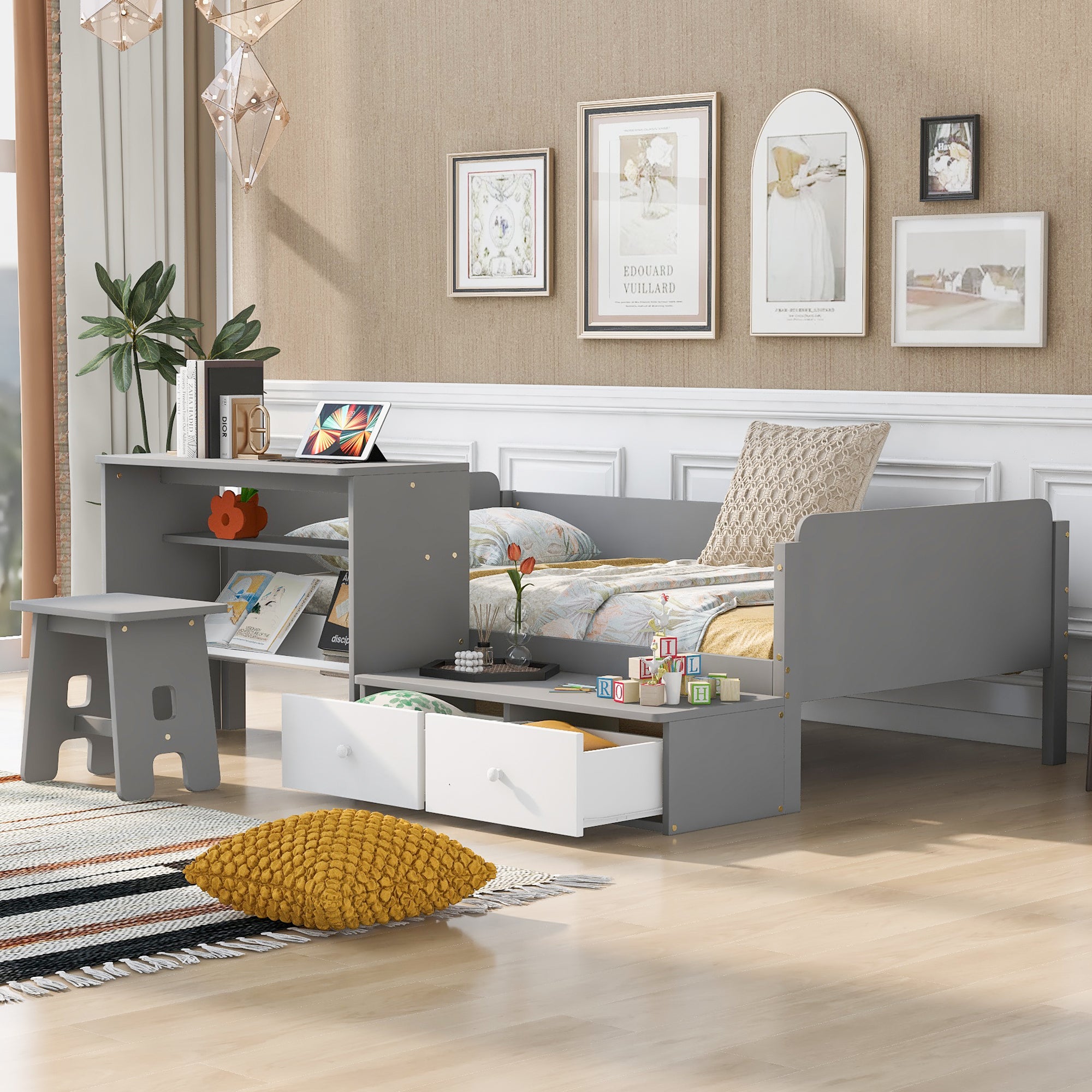 Wood Twin Size Platform Bed with 2 Drawers and 1 Chair&Desk Set, Gray+White - Atlantic Fine Furniture Melbourne FL