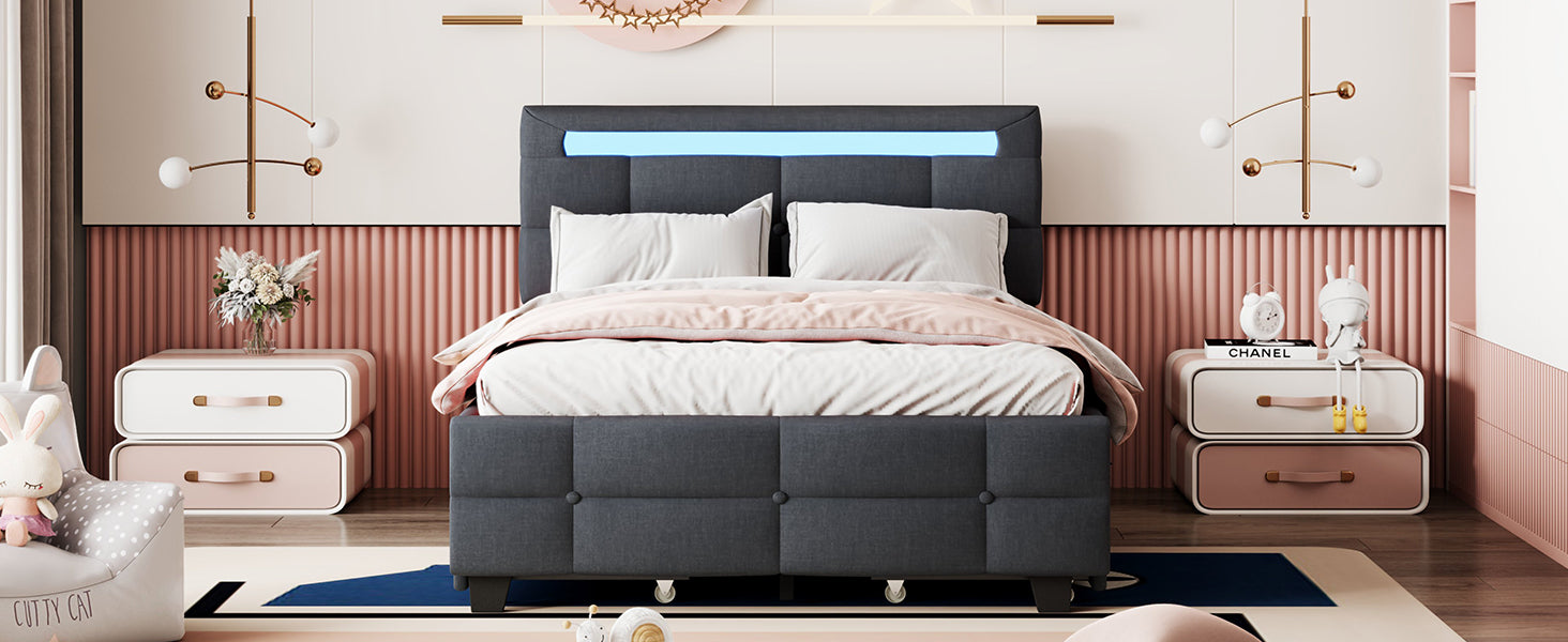 Full Size Upholstered Platform Bed with LED Frame and 4 Drawers, Linen Fabric, Gray - Atlantic Fine Furniture Melbourne FL