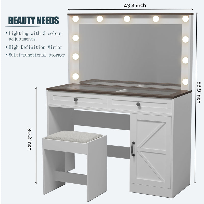 Makeup Vanity Table, Makeup Table With Large Mirror And 11 LED Light, Brightness Adjustable, Dressing Table Desk With 3 Drawers, Vanity Desk For Women (With Stool)