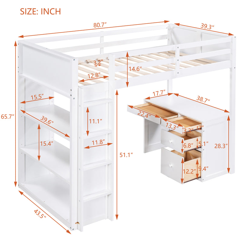 Twin Size Loft Bed with Ladder, Shelves, and Desk, White