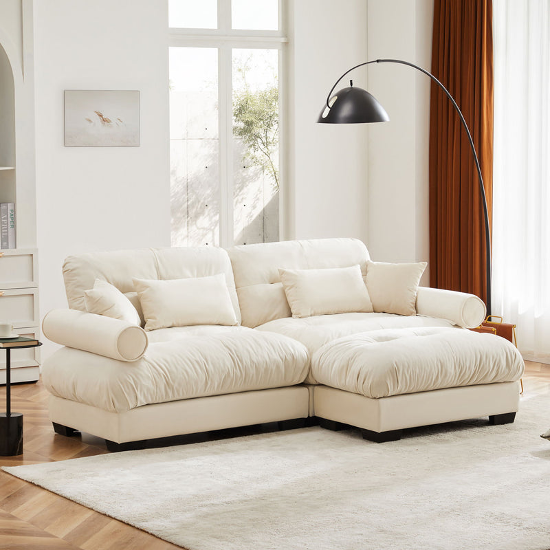 Modern Sectional Sofa With Ottoman, Round Bolster Armrests, Waist And Throw Pillows