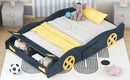 Full Size Race Car-Shaped Platform Bed with Wheels and Storage, Dark Blue+Yellow