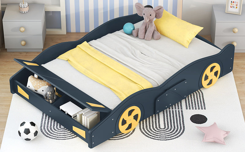 Full Size Race Car-Shaped Platform Bed with Wheels and Storage, Dark Blue+Yellow