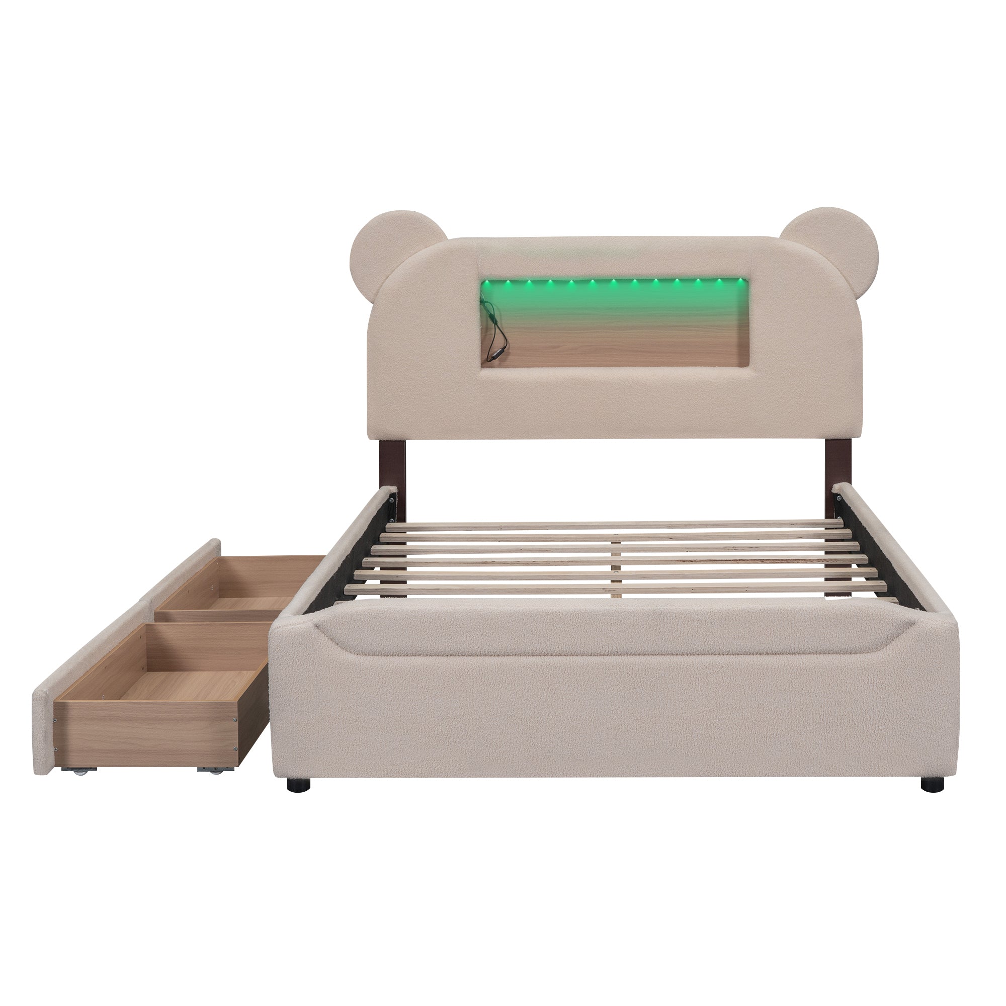 Full Size Upholstered Storage Platform Bed with Cartoon Ears Shaped Headboard, LED and USB, Beige - Atlantic Fine Furniture Melbourne FL
