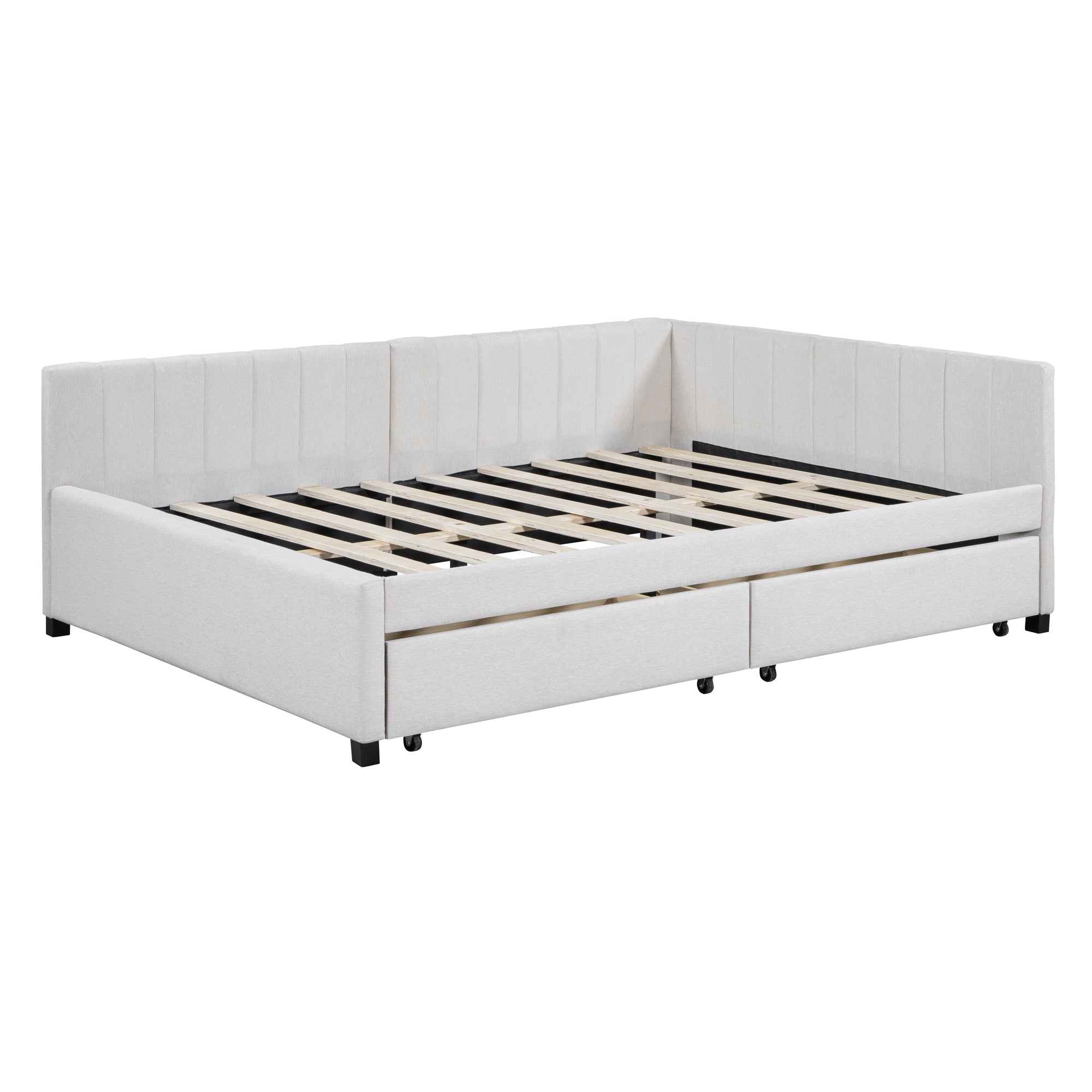 Full Size Upholstered Daybed with 2 Storage Drawers Sofa Bed Frame No Box Spring Needed, Linen Fabric (Beige) - Atlantic Fine Furniture Melbourne FL