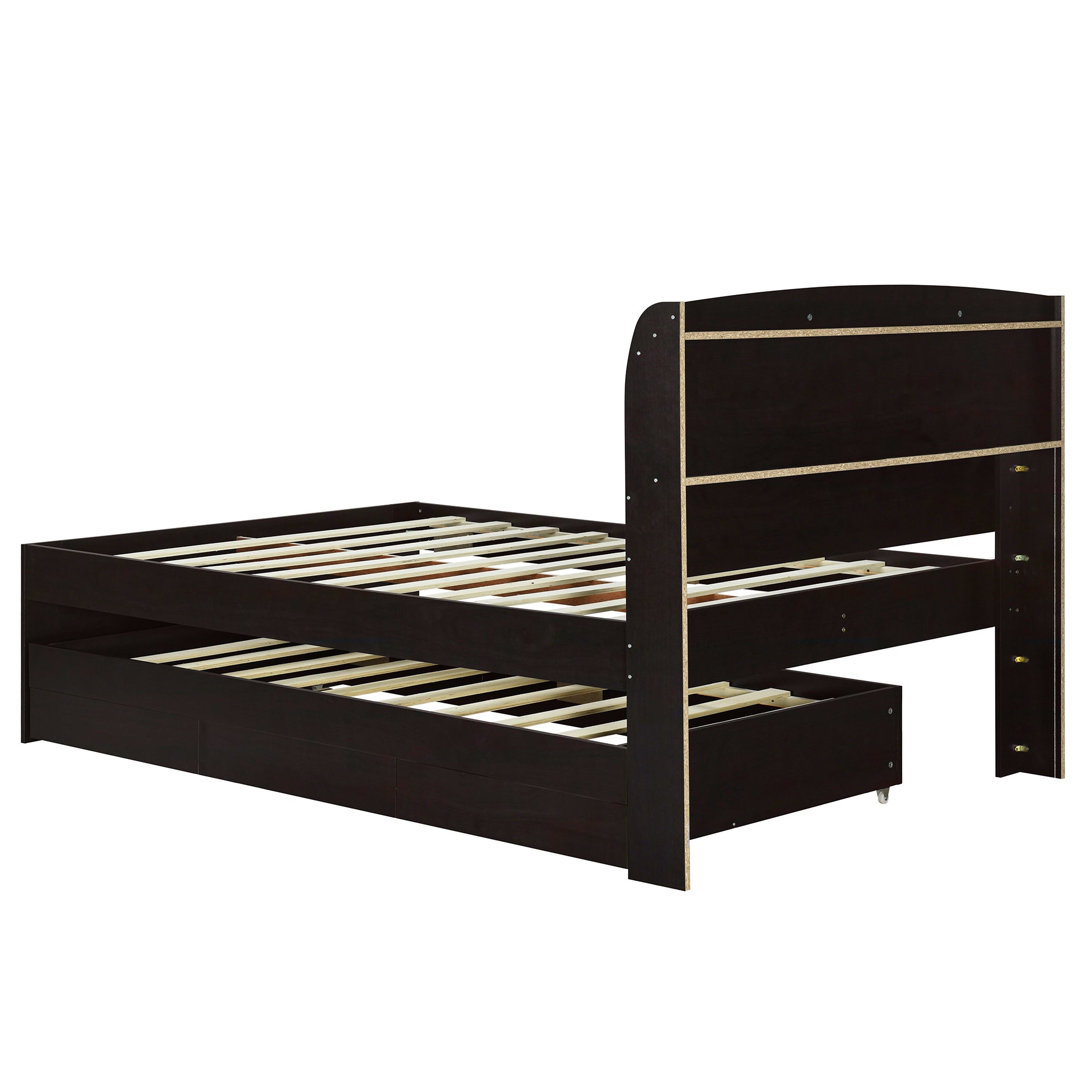 Full XL Size Platform Bed with Storage LED Headboard, Charging Station, Twin Size Trundle and 2 Drawers, Dark Brown - Atlantic Fine Furniture Melbourne FL