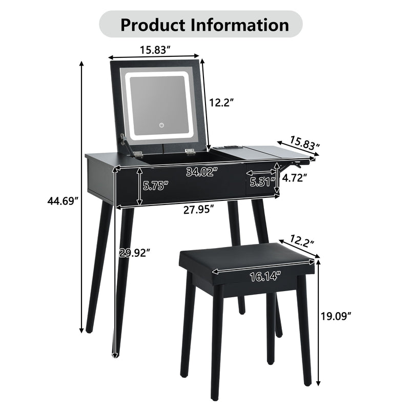 Makeup Vanity Desk With Flip Top Mirror And LED Light, Dressing Table With Charging Station, 2 Drawers And Fold Up Panel, Vanity Set With Cushioned Stool For Bedroom - Black