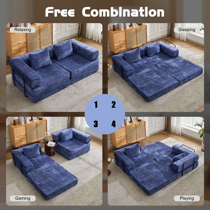 Convertible Floor Sofa Bed With Fixed Shape Frame, Loveseats Boneless Modular Sectional, For Living Room - Dark Blue