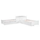 L-shaped Platform Bed with Trundle and Drawers Linked with built-in Desk,Twin,White