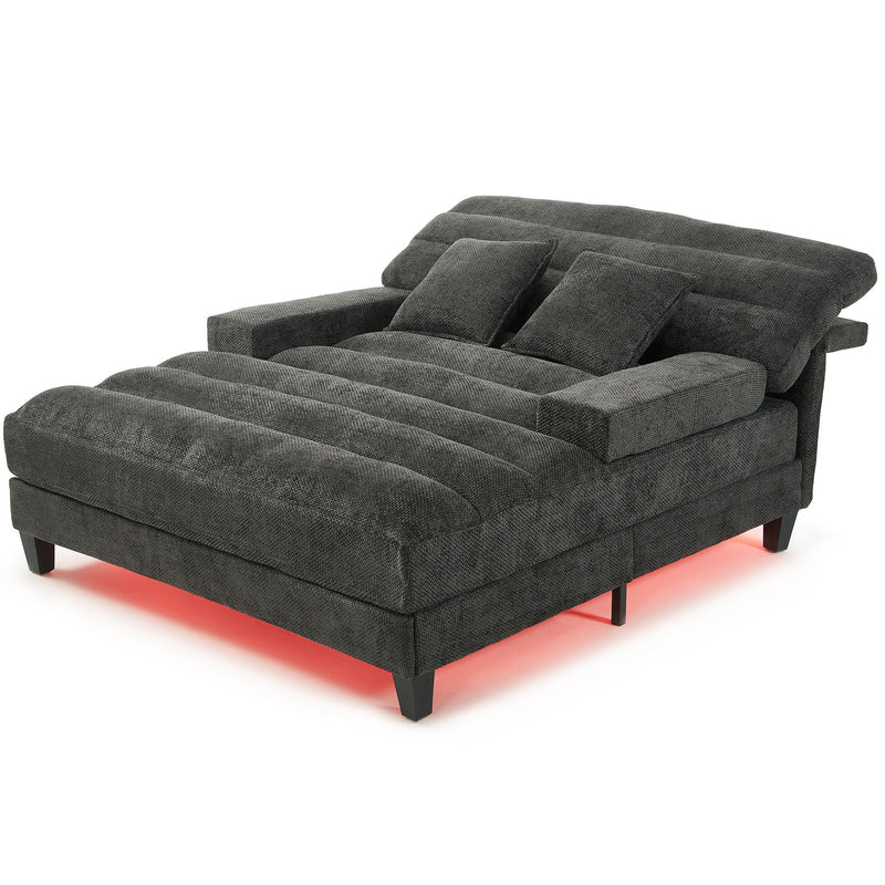 Chaise Bed Lounge Sofa Chair With Adjustable Backrest And LED Light Strip - Gray