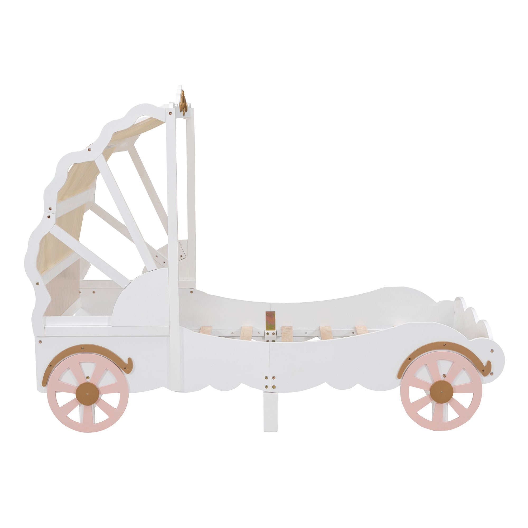 Twin Size Princess Carriage Bed with Canopy, Wood Platform Car Bed with 3D Carving Pattern, White+Pink+Gold - Atlantic Fine Furniture Melbourne FL