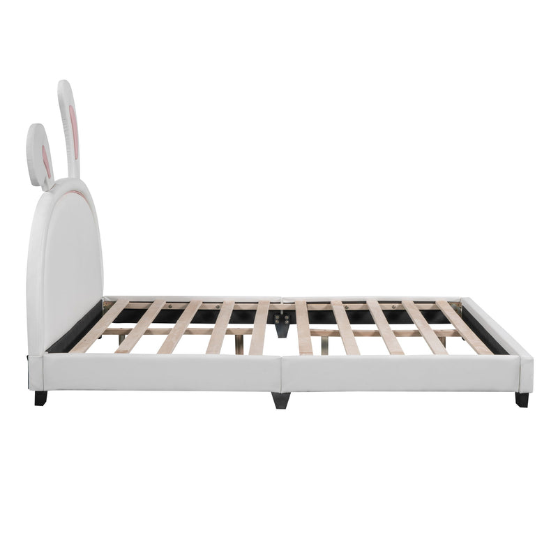 Upholstered Leather Platform Bed With Rabbit Ornament