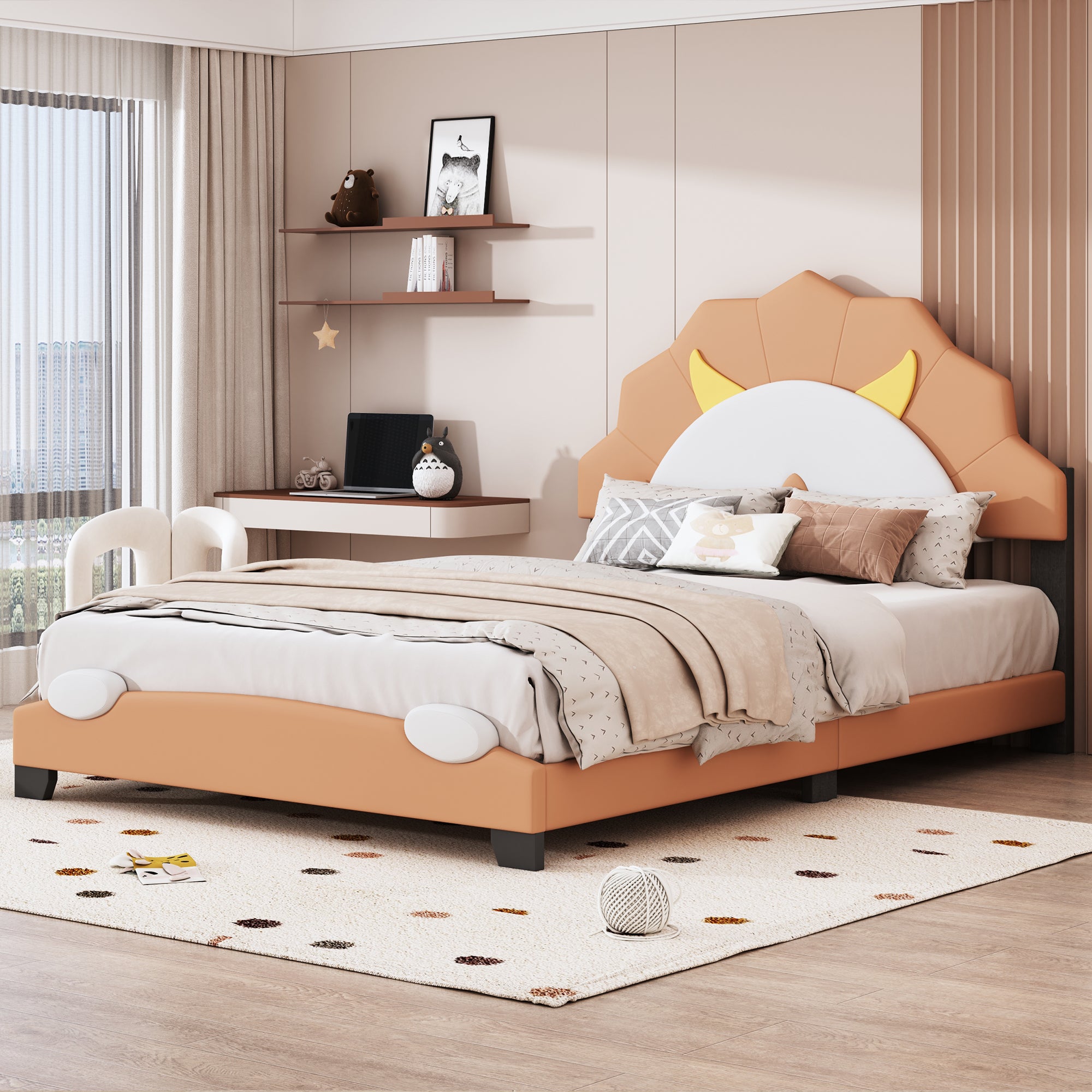 Full Size Upholstered Leather Platform Bed with Lion-Shaped Headboard, Brown - Atlantic Fine Furniture Melbourne FL