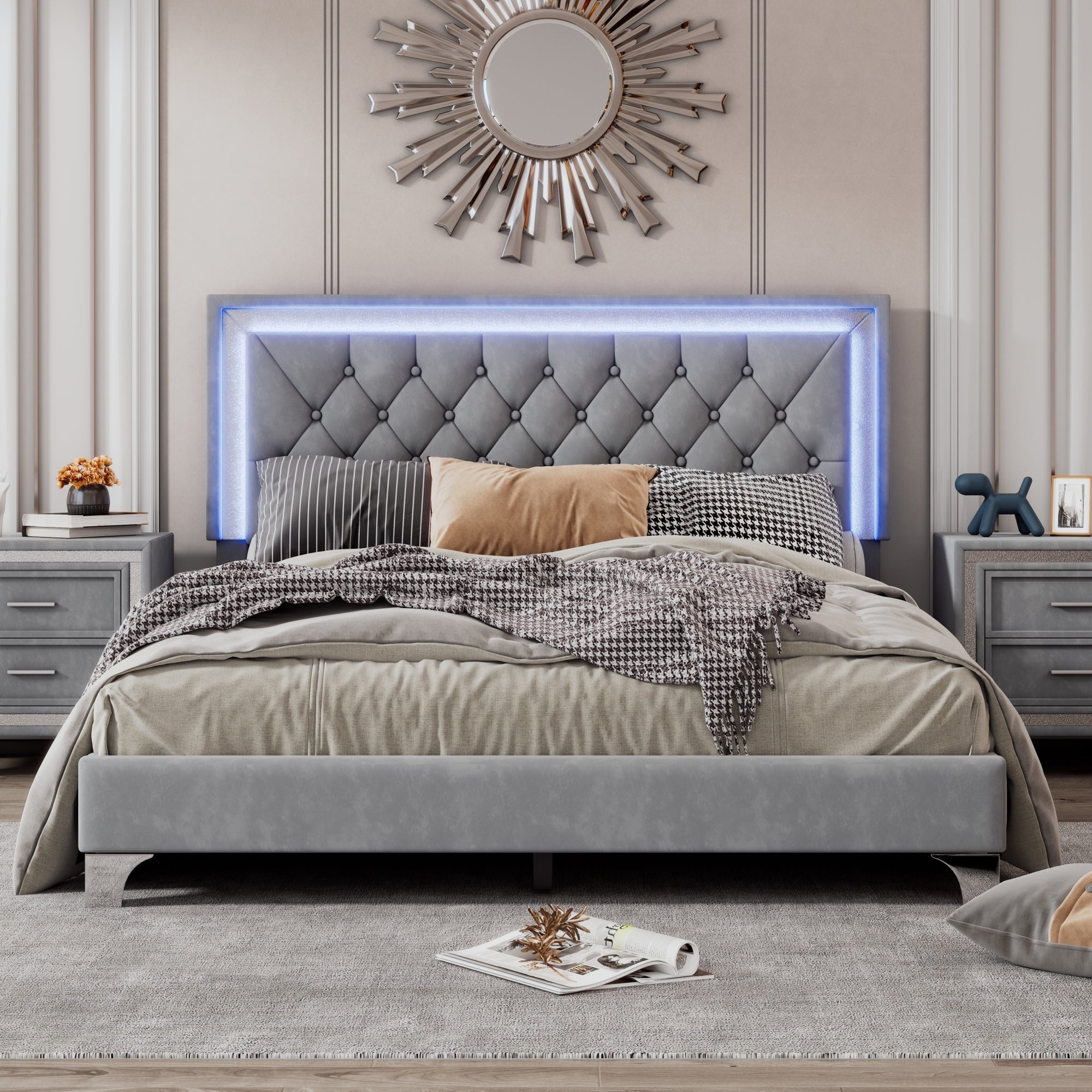 Queen Size Upholstered Bed Frame with LED Lights,Modern Velvet Platform Bed with Tufted Headboard,Gray - Atlantic Fine Furniture Melbourne FL
