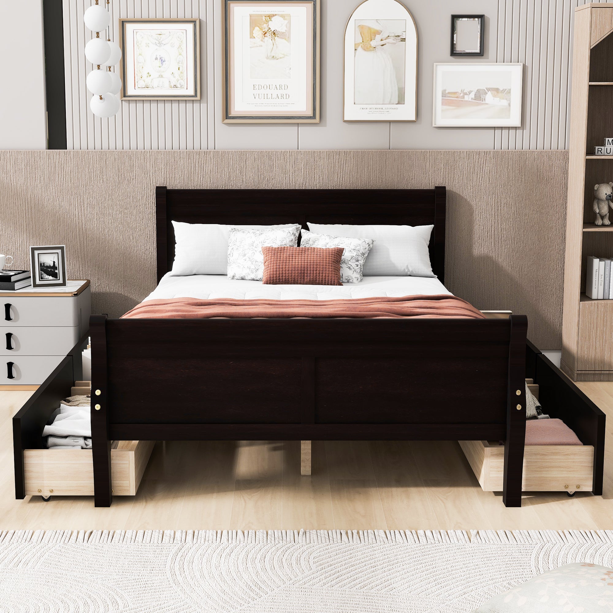 Full Size Wood Platform Bed with 4 Drawers and Streamlined Headboard & Footboard, Espresso - Atlantic Fine Furniture Melbourne FL