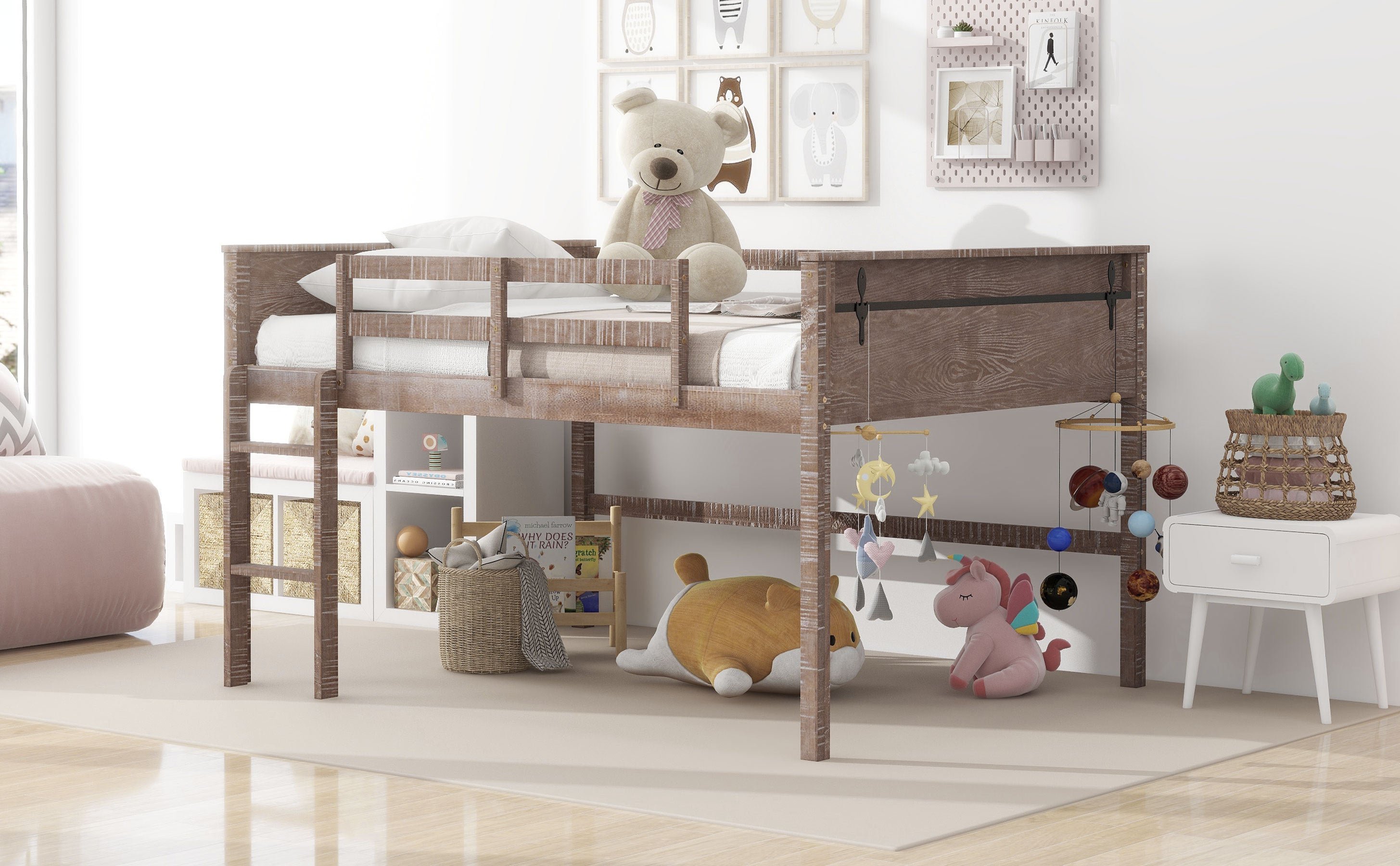 Wood Full Size Loft Bed with Hanging Clothes Racks, White Rustic Natural - Atlantic Fine Furniture Melbourne FL
