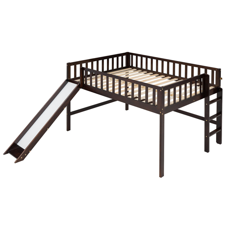 Full Size Low Loft Bed with Ladder and Slide,Espresso