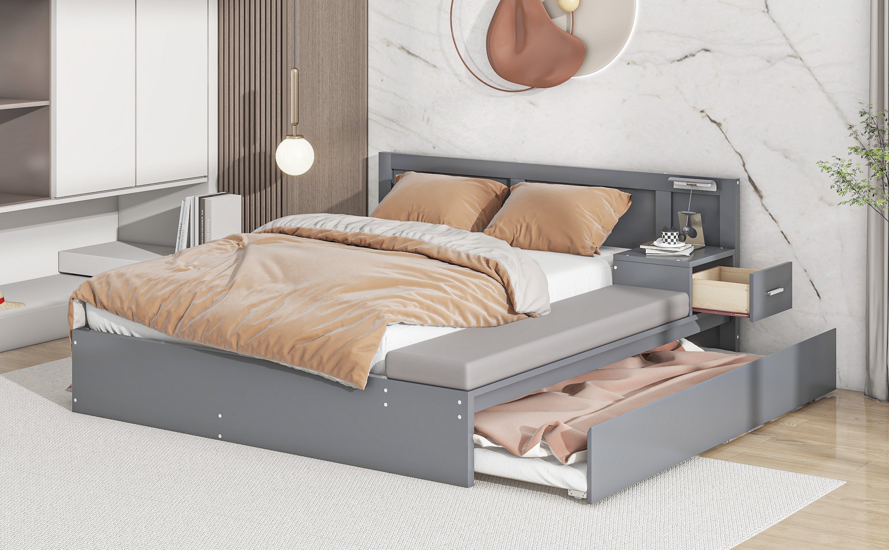 Full Size Wood Storage Hydraulic Platform Bed with Twin Size Trundle, Side Table and Lounge, Gray - Atlantic Fine Furniture Melbourne FL