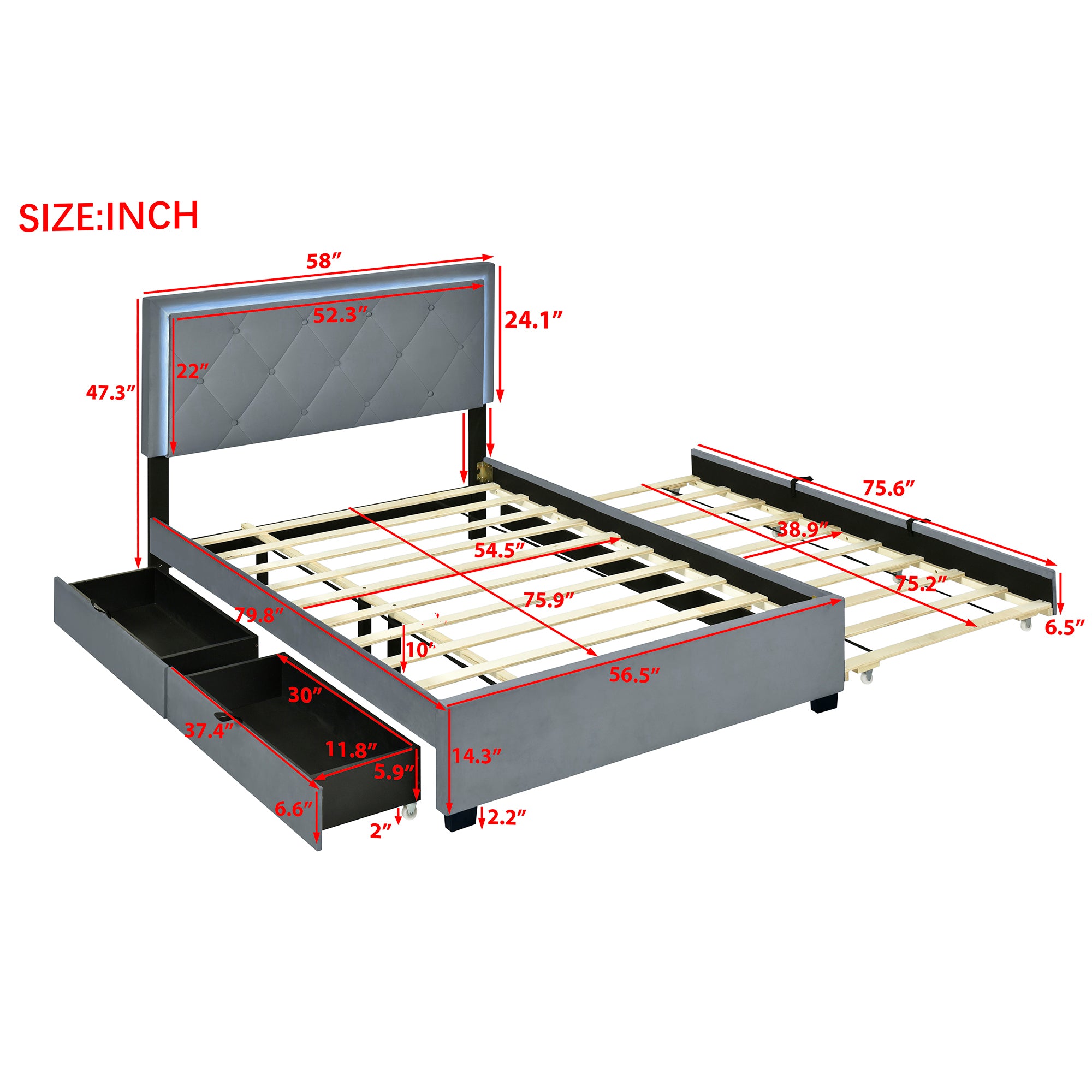 Full Size Velvet Storage Platform Bed, with 2 Big Drawers, T Size Trundle and LED Light, Gray - Atlantic Fine Furniture Melbourne FL