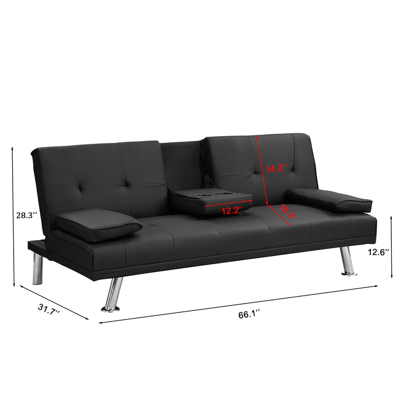 Sofa Bed With Armrest Two Holders Wood Frame, Stainless Leg Futon