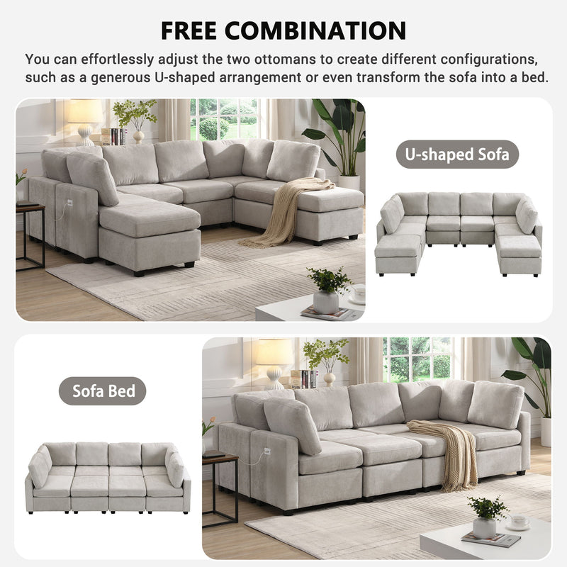 Sectional Sofa Couch Sofa Bed U-Shaped Sofa With Two Movable Ottoman And Three USB Ports For Living Room