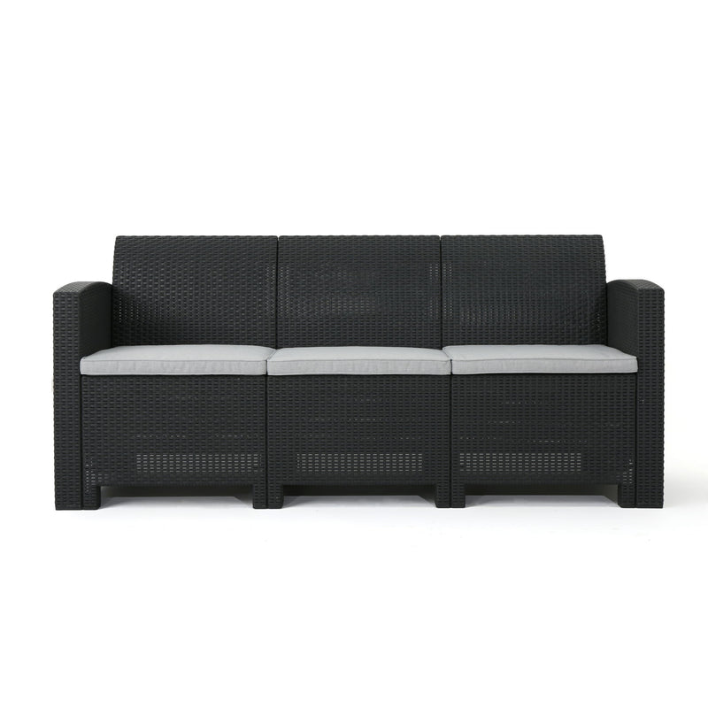 Velvora - Outdoor Wicker Set With 3 Seater Sofa, 2 Club Chairs, Coffee Table And Cushions - Brown