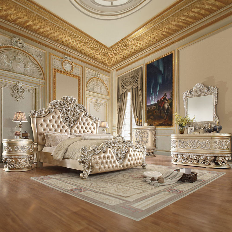 Vatican - Eastern King Bed - PU Leather, Light Gold & Champagne Silver Finish - Atlantic Fine Furniture Inc