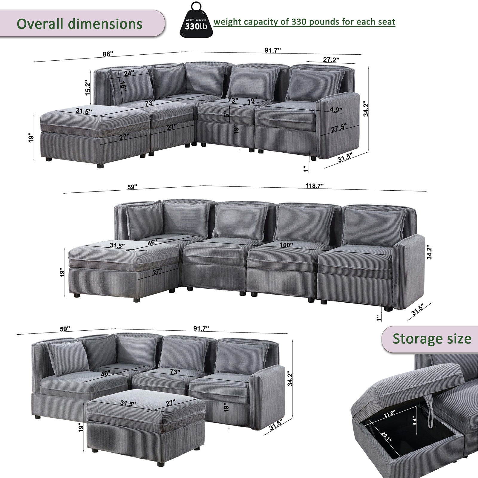 Modular Corduroy Sectional Sofa, Convertible L Shaped Couch Sofa with Storage,  5 Seat Sofa Couch for Living Room, Dark Gray