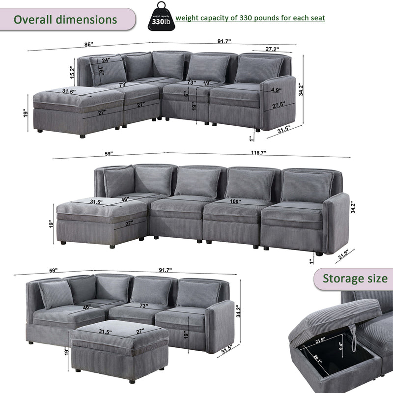 Modular Corduroy Sectional Sofa, Convertible L Shaped Couch Sofa with Storage,  5 Seat Sofa Couch for Living Room, Dark Gray