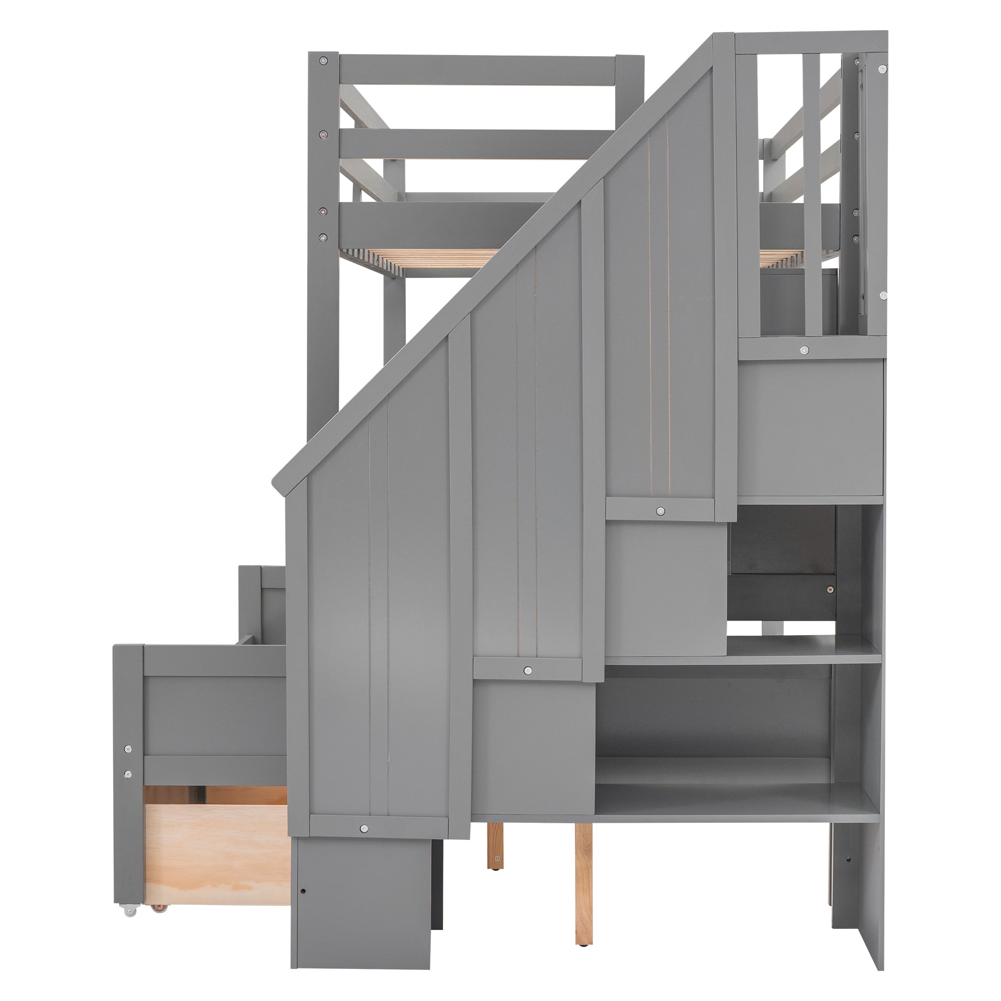 Twin XL over Full Bunk Bed with Built-in Storage Shelves, Drawers and Staircase,Gray - Atlantic Fine Furniture Melbourne FL