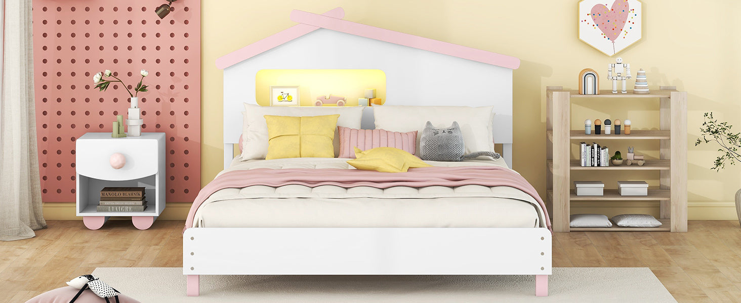Full Size Wood Platform Bed with House-shaped Headboard and Motion Activated Night Lights (White+Pink) - Atlantic Fine Furniture Melbourne FL