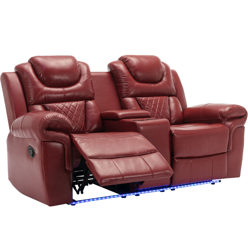 Home Theater Seating Manual Recliner Loveseat With Hide-Away Storage, Cup Holders And Led Light Strip For Living Room