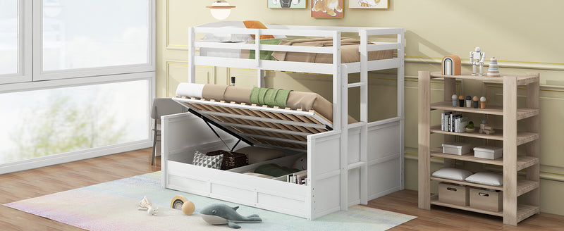 Wood Twin over Full Bunk Bed with Hydraulic Lift Up Storage, White