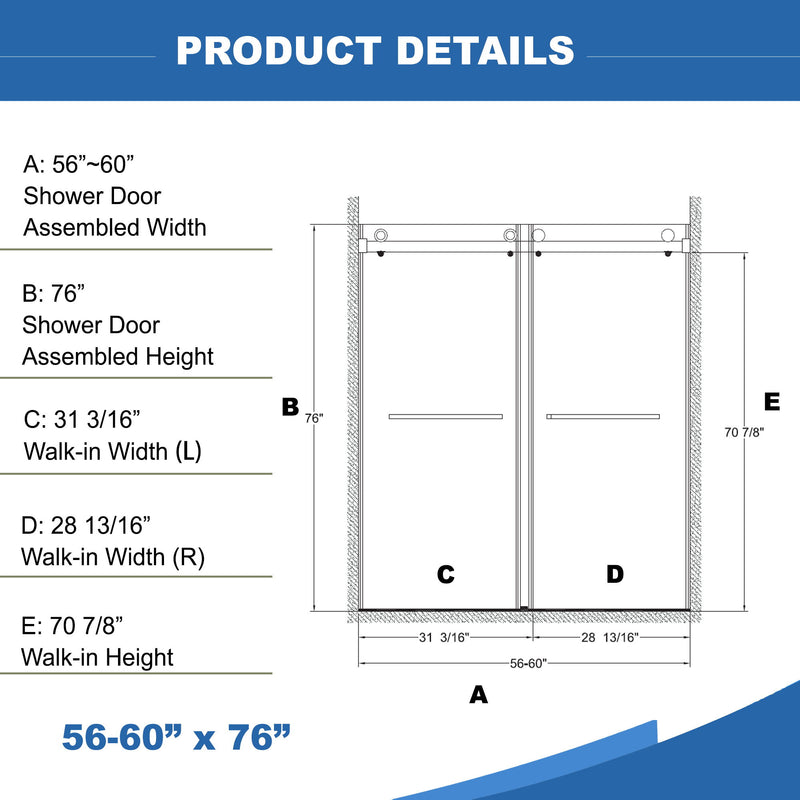 Frameless Shower Door, Double Sliding Shower Door, Clear Tempered Glass Shower Enclosure With Square Rail, Double Side Easy Clean Coat, Finished With Buffer