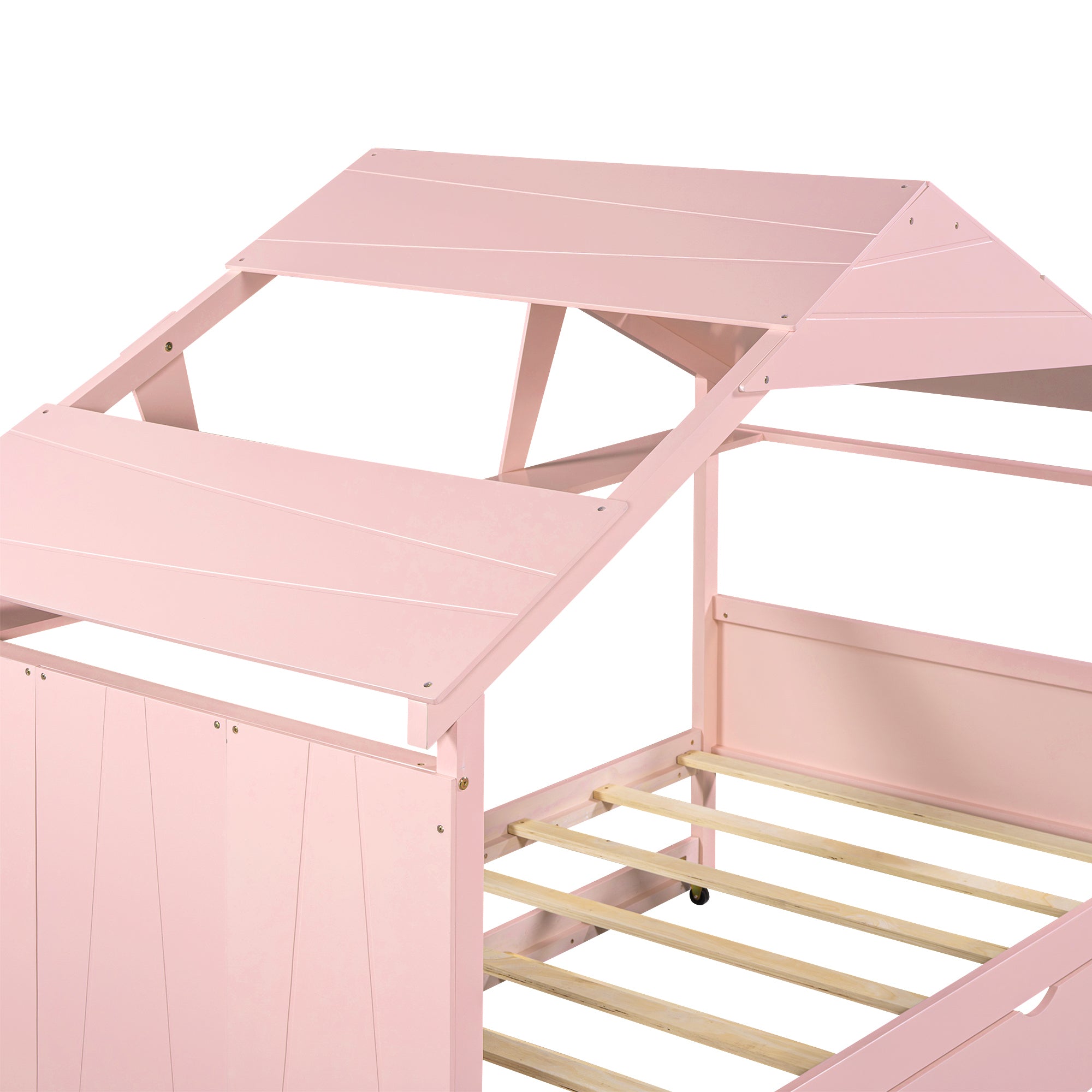 Wood Twin Size House Bed with Trundle and Storage, Pink - Atlantic Fine Furniture Melbourne FL