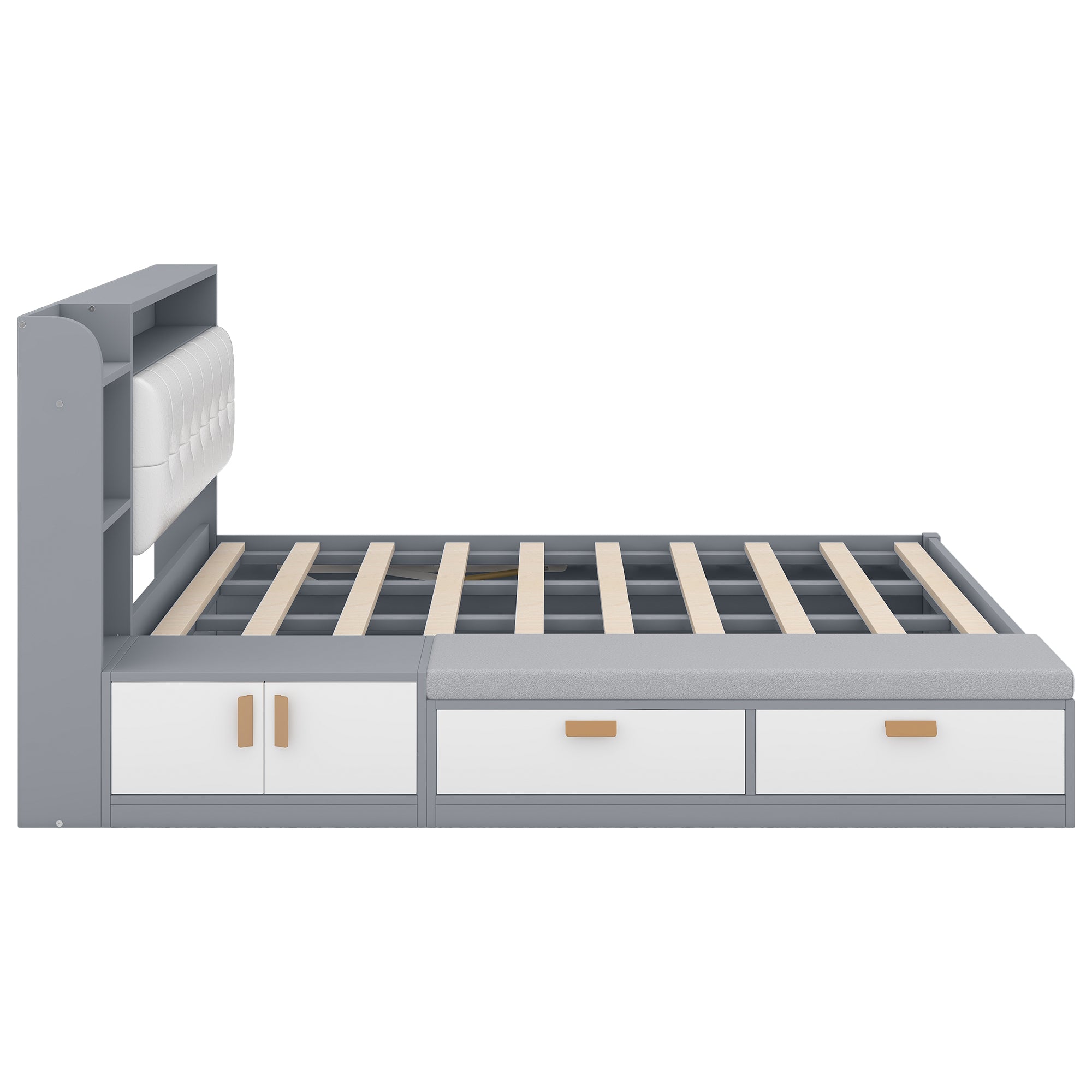 Queen Size Platform Bed Frame with Upholstery Headboard and Storage Shelves and,USB Charging,Gray - Atlantic Fine Furniture Melbourne FL