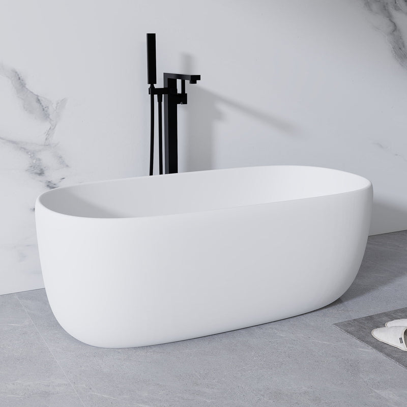 Freestanding Bathtub Resin Stone Soaking Bathtub Solid Surface Modern Tubs With Overflow And Pop-Up Drain - Matte White